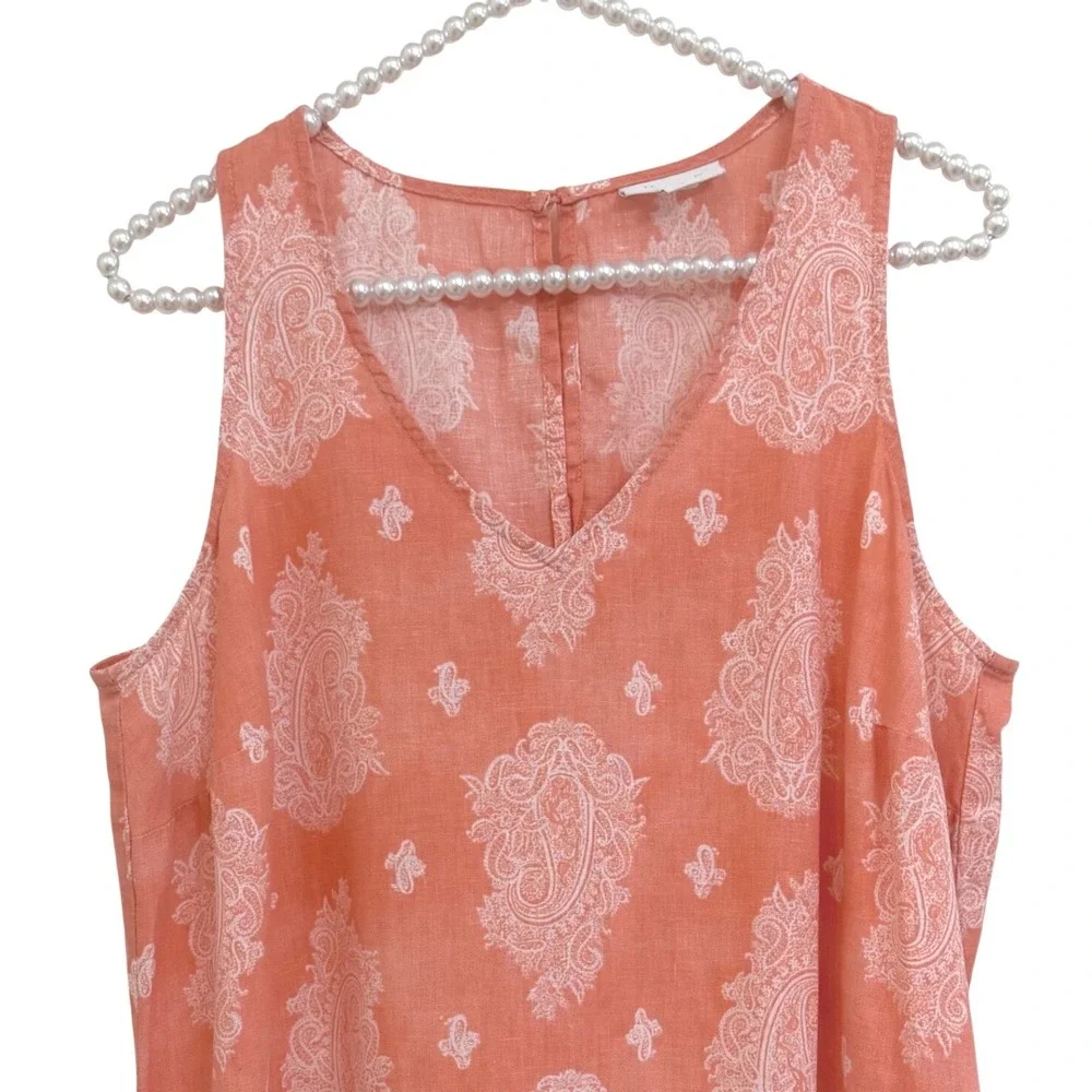 J. Jill Love Linen Coral  Paisley Sleeveless Lagenlook Coastal Maxi Dress M